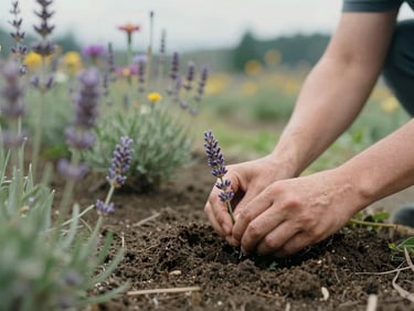 Candid documentary shot of hands in the soil planting lavender starts, soft natural Pacific Northwest daylight, 35mm shallow depth of field.