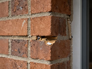 Macro close-up of a construction defect, misaligned external brickwork with missing mortar on a newly finished UK home, clinical and neutral lighting.