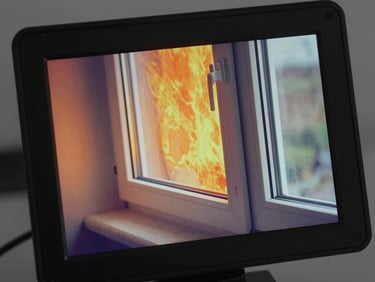 A close-up thermal imaging camera screen displaying severe heat loss around a newly installed double-glazed window frame