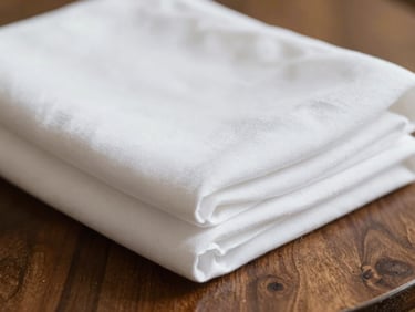 Macro detail shot of perfectly folded white linens on a polished dark wood table, bright natural light, crisp and pristine hospitality feel