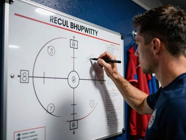 Close-up of a coach drawing on a tactical board in a locker room, dramatic shadows, intense focus