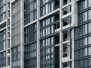 Crisp architectural crop of a modern steel and concrete building facade, bright morning daylight, sharp focus, desaturated cool tones