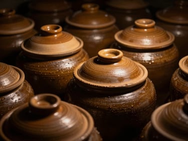 Close-up of ceramic fermentation jars in a dark pantry, warm golden light catching the textured clay lids, moody atmosphere