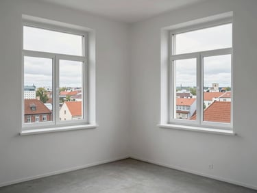 Corner apartment bedroom in Klaipėda, two windows with city rooftop view, overcast Baltic daylight, white walls, empty except for a window ledge, clean and spacious feel