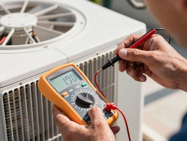 Tight, active macro shot of a Swift Air technician's hands using a digital multimeter to test an outdoor condenser unit under bright Florida sunlight, crisp cool shadows.