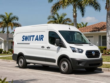 Wide shot of a clean, branded Swift Air service van parked on a sunny Cape Coral residential street, palm trees in background.