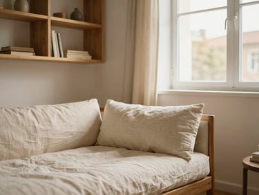 A bright, warm-toned small studio apartment layout showing a cream linen daybed, warm wood shelving, and soft window lighting