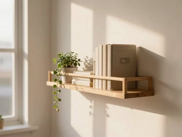 A bright, airy apartment corner featuring a floating oak shelf styled with small trailing plants and neutral books.