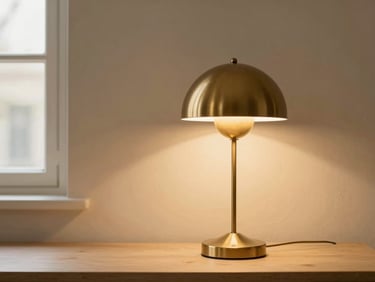 A minimalist brass dome table lamp casting warm diffused light onto a beige plaster wall, modern aesthetic.