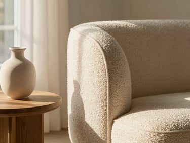 Close-up of a textured cream bouclé chair next to a minimalist ceramic vase on a wooden side table, soft shadows.