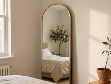 A tall gold arched floor mirror reflecting a cozy warm neutral bedroom with linen bedding and a soft olive tree in a terracotta pot