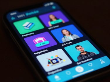 Tight shot of a mobile screen displaying a playable ad creative flow, vibrant cyan and magenta neon interface elements, shallow depth of field.