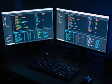 High-angle shot of a game developer workspace, dual monitors showing complex code and data visualization dashboards, moody low-key lighting with cyber-blue ambient glow