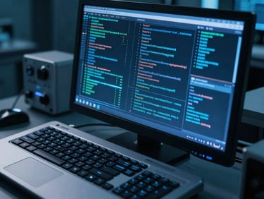 Close-up of a high-tech digital forensics lab console in Singapore, cool-toned blue key lights casting sharp shadows on metallic surfaces, data visualization screen glowing with cryptographic integrity metrics, 35mm cinematic