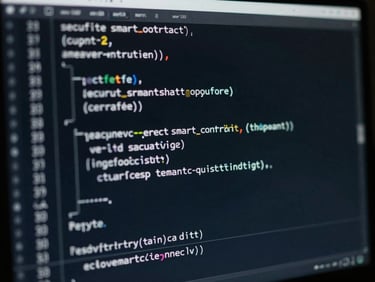 Macro shot of secure smart contract code illuminated on a dark monitor, cool white key light, technical overlay