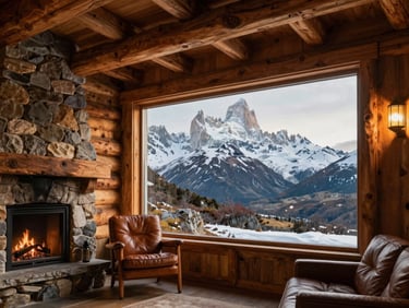 Intimate architectural detail of a Patagonian mountain lodge interior—raw timber beams, a stone fireplace, a single leather chair beside a floor-to-ceiling window framing a snow-capped granite peak, warm amber light