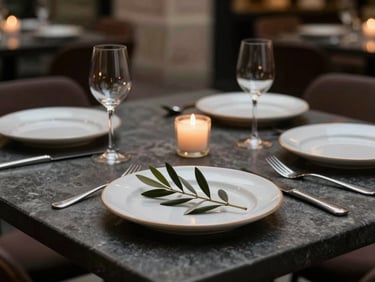 Close detail of a curated dining table setting in a historic European city restaurant—dark stone surface, ceramic plates, a single stem of olive branch, candlelight casting soft shadows, no diners