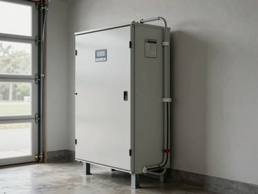 Battery storage unit mounted flush on a garage wall, natural window light from the left, wiring conduit neatly secured, brand panel visible, concrete floor below