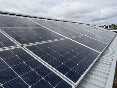 Close-up overhead shot of a high-efficiency solar panel array on a Sydney pitched roof, overcast daylight, individual panel cells and aluminium rail mounting hardware visible in detail