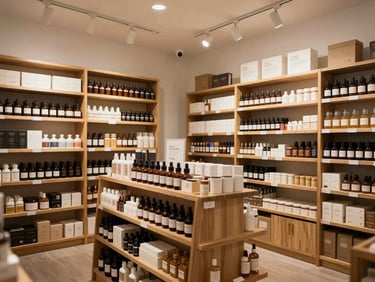 A clean, well-lit apothecary-style store interior with warm overhead lighting, professional product displays, and neatly organized shelves.