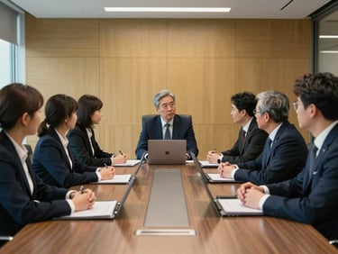 Diverse business professionals in a high-stakes meeting room, showing respectful bilateral interaction, modern Korean corporate setting, cool corporate lighting.