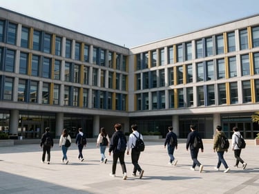 Aspirational view of students walking through a modern university quad in Seoul, bright daylight, clean architectural lines.