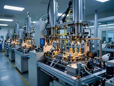 Wide panoramic shot of a modern semiconductor factory floor in South Korea, intricate machinery, cool blue lighting, sharp focus.