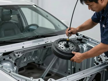 Two technicians in uniform using heavy suction cups to carefully lower a brand new windshield into place on a car frame.
