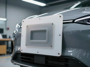 Digital camera calibration board aligned in front of a car's front bumper inside a clean, modern workshop with cool overhead lights.