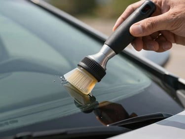 Close-up shot of a specialized resin applicator tool mounted on a car windshield, repairing a small stone chip under bright daylight.