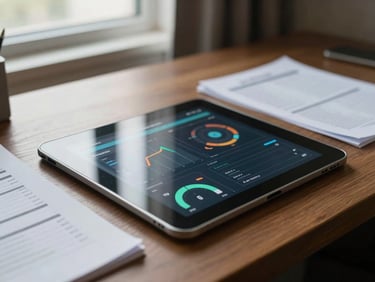 Close-up of a tablet displaying energy consumption dashboard charts on a hotel back-office desk, soft north-facing window light, printed reports partially visible alongside