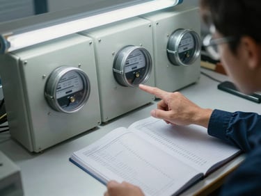 Overhead view of a hotel energy meter panel and utility logbook open on a maintenance workbench under fluorescent working daylight, a technician's hand pointing at a reading