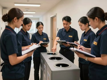 Hotel housekeeping team gathered around a waste-sorting station in a back-of-house corridor under working daylight, a trainer pointing at labelled bins, staff engaged and taking notes