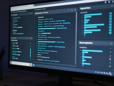 Close-up of a monitor displaying Kubernetes pods and Prometheus monitoring dashboards, high-contrast slate and electric blue lighting