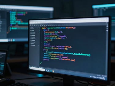Sleek dark-mode photography of a terminal window showing Python code and neural network weight matrices, neon blue and teal ambient lighting, sharp focus, cinematic