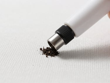 Extreme close-up of a high-extraction cleaning nozzle lifting dark dirt from a light-colored woven fabric, bright clinical daylight, sharp focus