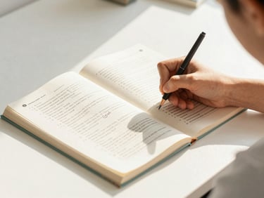 Close-up of a student writing in an English textbook, warm morning light, modern clean desk setting