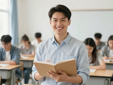 A proud adult student holding a notebook in a bright classroom, smiling naturally, soft focus background