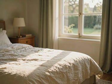 Medium shot of a sun-drenched private bedroom with a wooden dresser, soft linen bedding, and a window overlooking a green garden, warm golden-hour light.