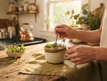 Close-up of hands preparing fresh herbal tea in a sun-drenched domestic kitchen, warm golden-hour window light, soft linen texture.