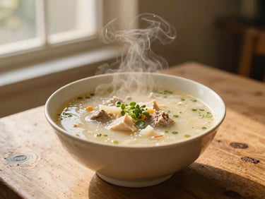 A steaming bowl of traditional home-cooked soup on a rustic wooden table, soft golden window light, warm domestic feel.