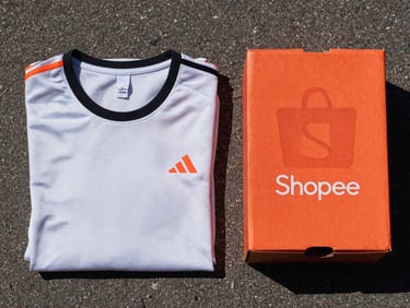 Flatlay of Adidas athletic apparel folded neatly next to a Shopee orange shipping box, high-contrast daylight