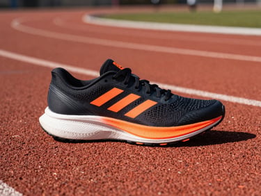 Dynamic close-up of Adidas running shoe outsole on an athletic track, high-contrast