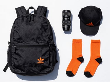 Flatlay of Adidas accessories, black backpack, cap, and socks on a bright surface