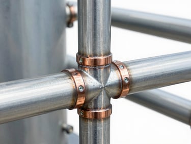 Close-up of clean industrial refrigeration piping with professional copper welds, technical studio lighting