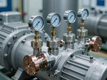 Industrial compressor rack unit with steel valves and pressure gauges, sharp focus, cool metallic tones