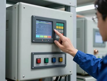 Technician hand checking digital control panel of an industrial chiller, crisp technical lighting, high-contrast