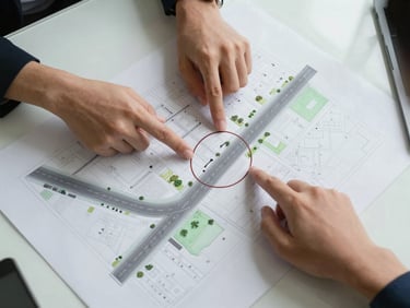 Overhead documentary shot of a site plan spread on a desk in Johor, hands pointing at a circled land parcel near a highway interchange, clean diffuse office light, no faces visible