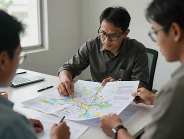 Documentary photograph of a working session around a table, two people reviewing printed corridor maps and feasibility documents in a sparse Johor Bahru office, natural window light from the left, no posed expressions