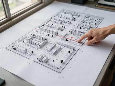 Overhead wide shot of a Johor development site plan spread flat on a work table, a hand pointing at the southern corridor boundary, clean daylight from a window at left, site boundary markers visible in ink